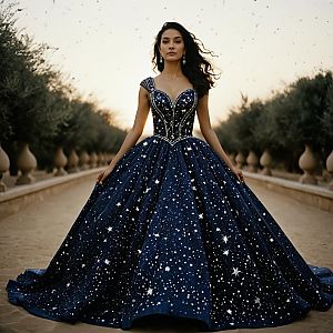 Elegant Woman in Dark Blue Ball Gown with Star Patterns