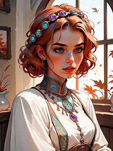 Digital Portrait of Young Woman with Jeweled Headband and Turquoise Accents