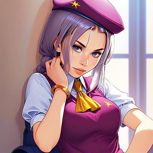 Anime Style Woman in Purple Beret and Dress Digital Illustration
