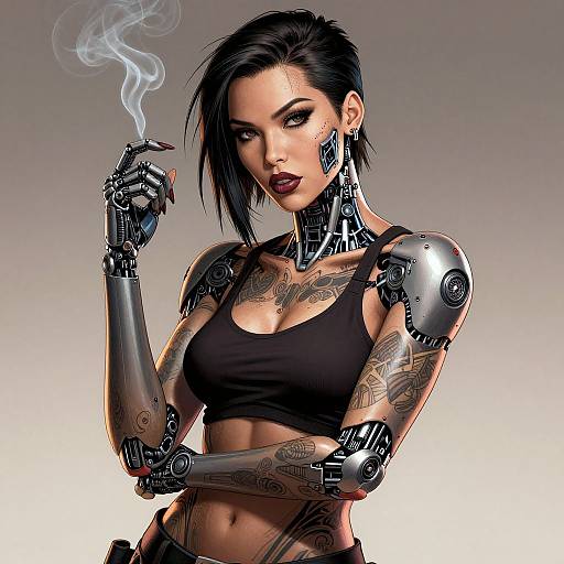 Cyberpunk Woman with Robotic Arms Smoking Digital Artwork