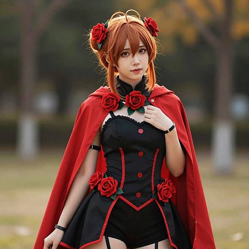 Anime-Inspired Woman in Red and Black Rose Cosplay Costume