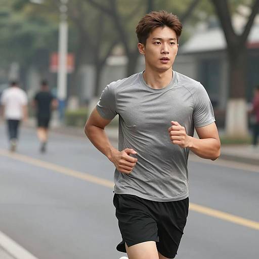 Young Man Jogging Outdoors in Urban Setting Wearing Grey T-shirt and Black Shorts