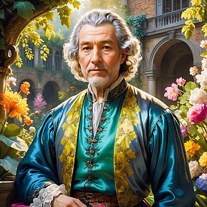 Dignified Man in Lush Garden with Vibrant Flowers