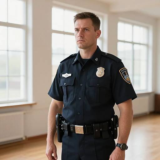Male Police Officer in Dark Blue Uniform Standing Indoors