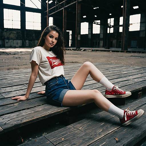 Young Woman in Casual Outfit Sitting in Abandoned Industrial Warehouse