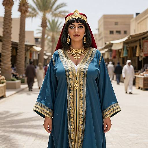 Middle Eastern Woman in Traditional Blue Kaftan and Gold Jewelry in Outdoor Market