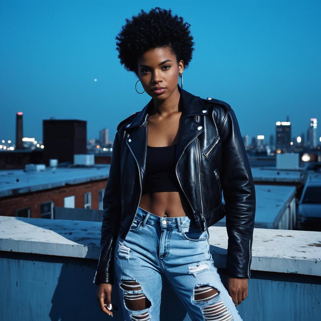 Young Woman in Black Leather Jacket and Ripped Jeans on Urban Rooftop at Dusk