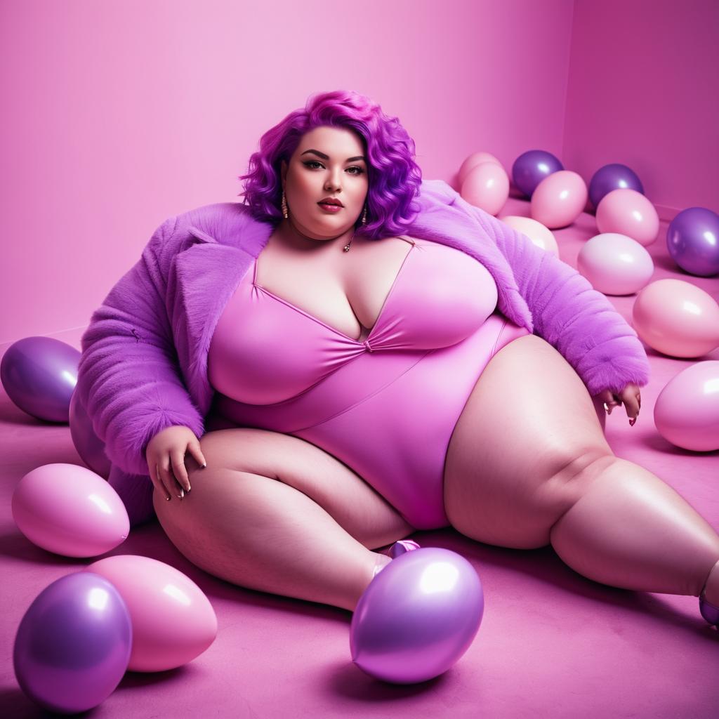 Confident Plus-Size Woman with Purple Hair in Pastel Scene