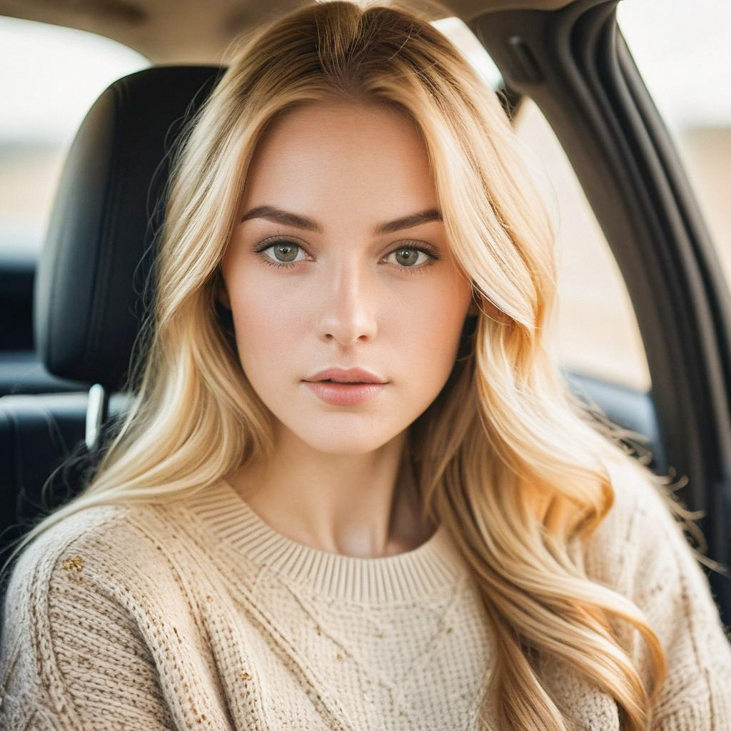 Close-up Portrait of Young Woman in Car