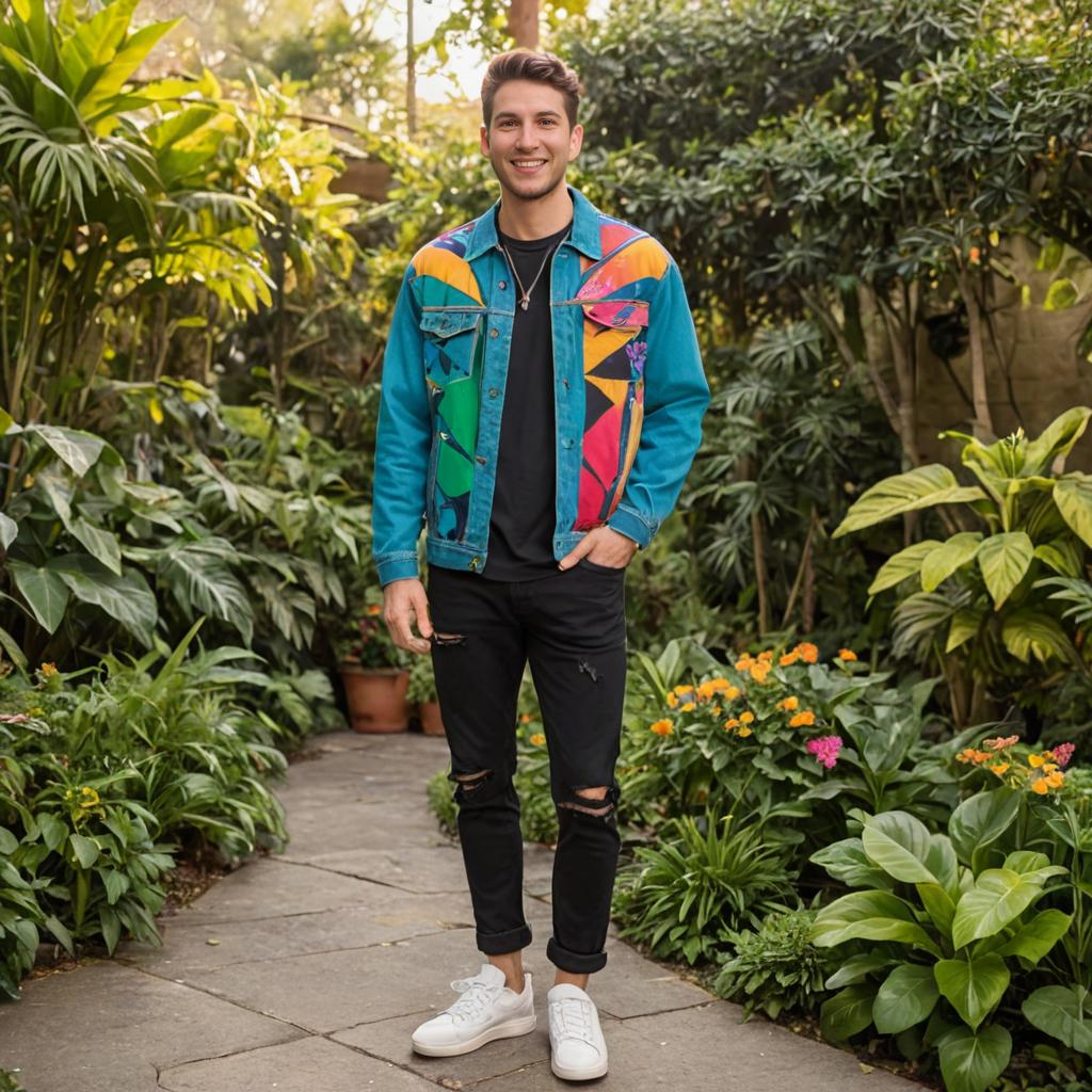 Stylish Man in Colorful Jacket in Lush Garden