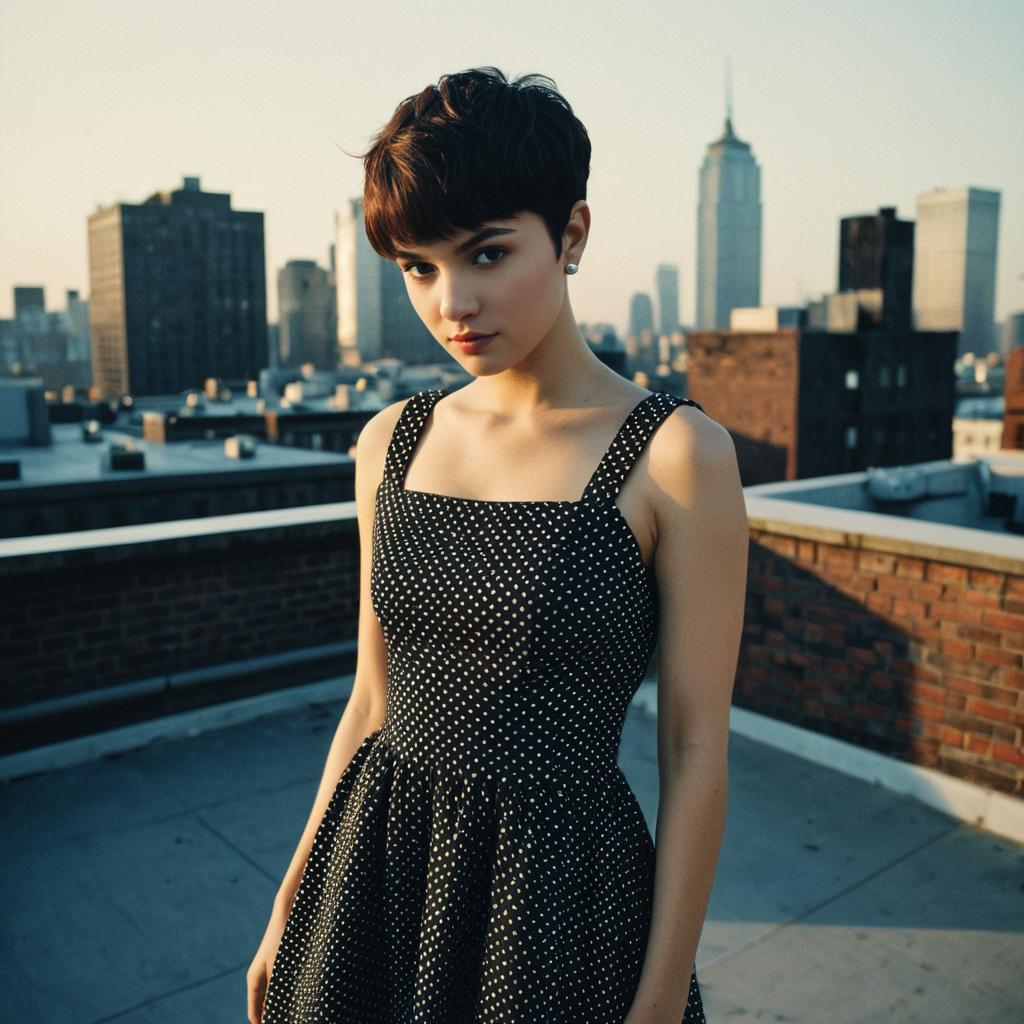 Young Woman in Polka Dot Dress on Urban Rooftop at Sunset