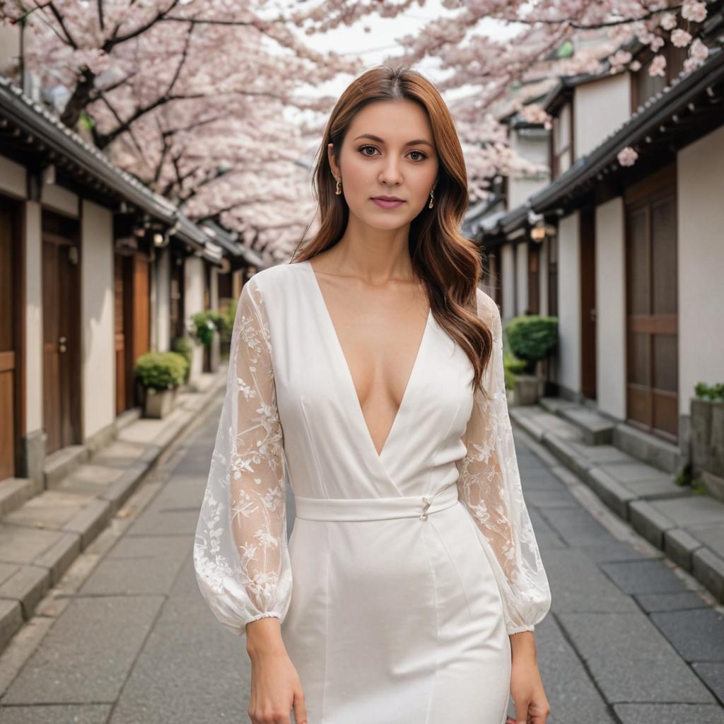 Elegant Woman in Lace Dress Among Cherry Blossoms