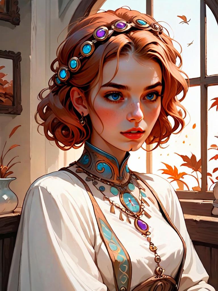 Digital Portrait of Young Woman with Jeweled Headband and Turquoise Accents