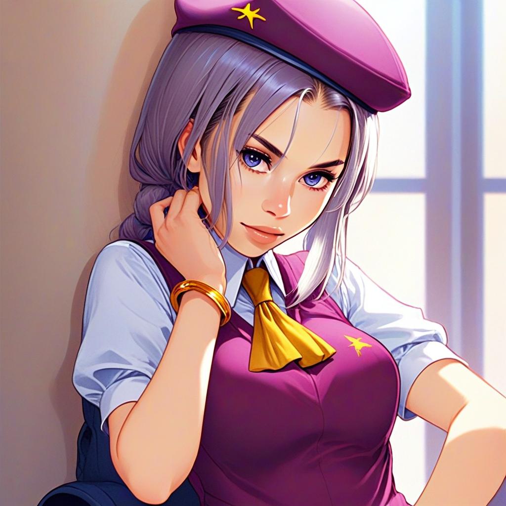 Anime Style Woman in Purple Beret and Dress Digital Illustration