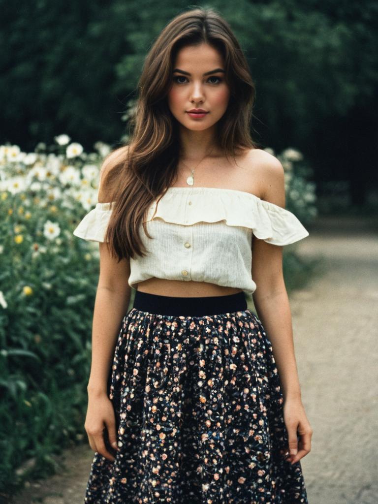 Young Woman Wearing Off-Shoulder Top and Floral Midi Skirt Outdoors