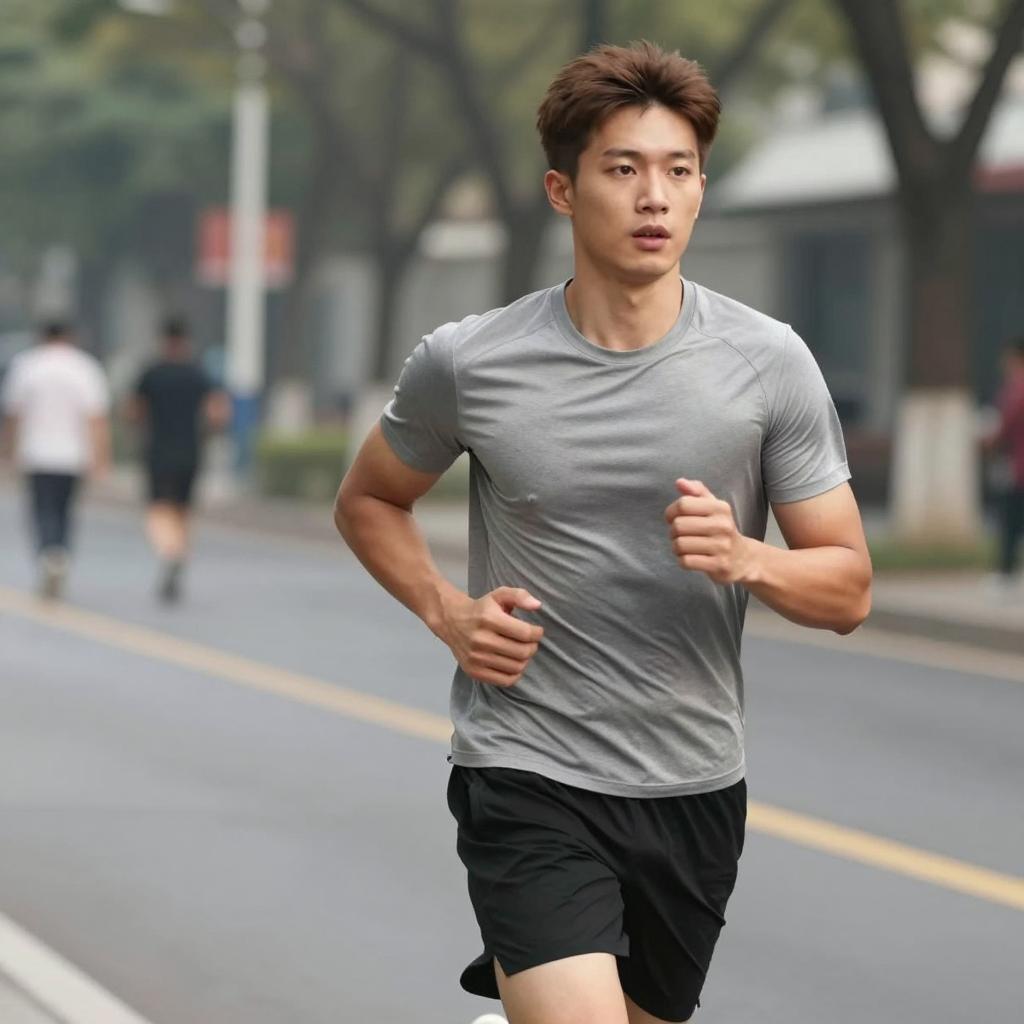 Young Man Jogging Outdoors in Urban Setting Wearing Grey T-shirt and Black Shorts