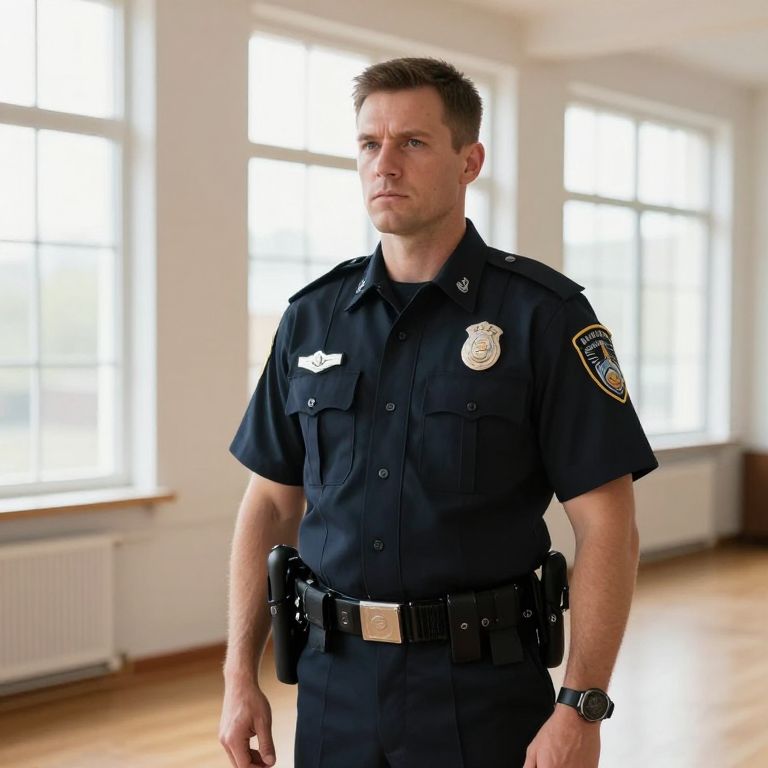 Male Police Officer in Dark Blue Uniform Standing Indoors