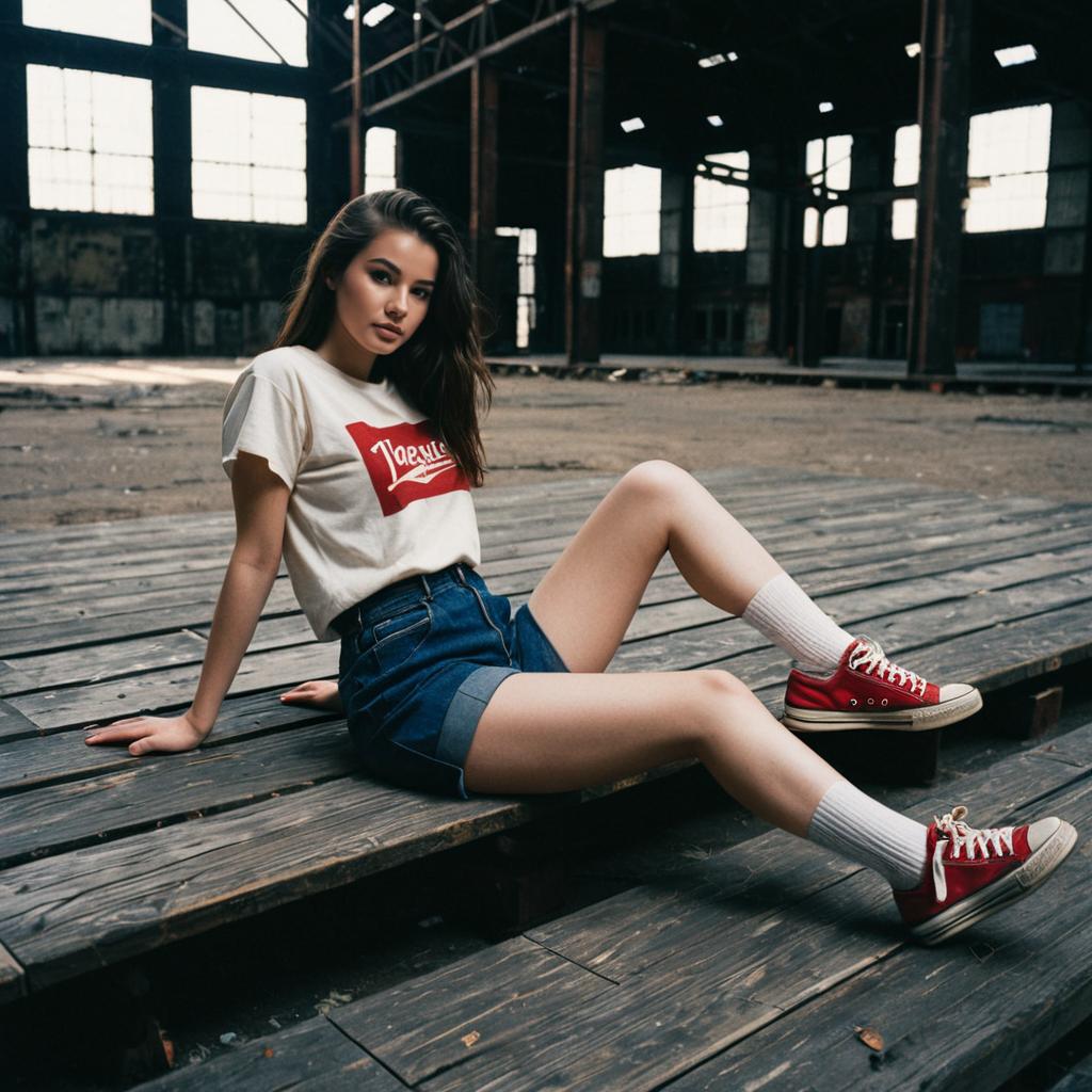 Young Woman in Casual Outfit Sitting in Abandoned Industrial Warehouse