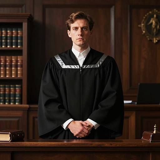 Young Male Judge in Judicial Robes in Courtroom