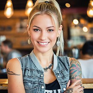 Smiling woman with tattoos in casual denim vest