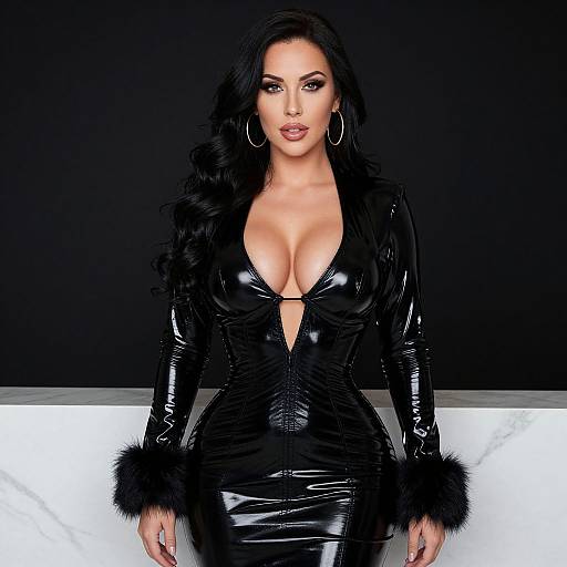 Elegant Woman in Black Latex Dress with Fur Cuffs Glamour Portrait