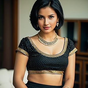 Elegant Woman in Traditional Black and Gold Embroidered Blouse