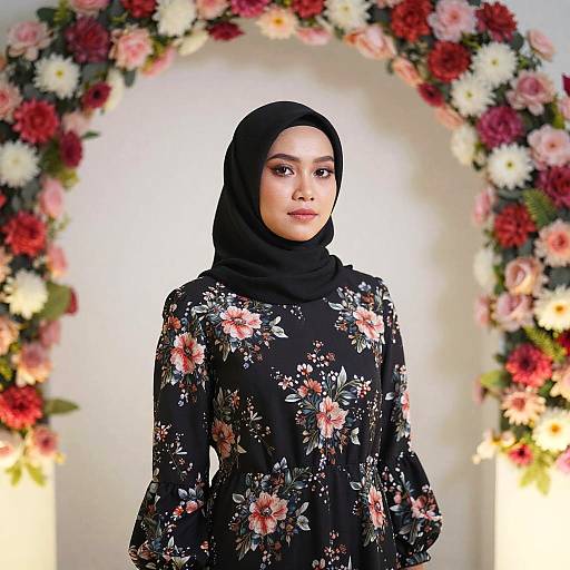 Young Woman in Black Hijab and Floral Dress with Flower Arch Background