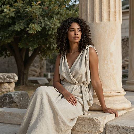 Woman in Greco-Roman Style Dress Sitting by Ancient Marble Column