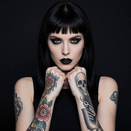 Gothic Woman with Traditional Floral and Skull Tattoos in Black Background