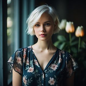 Portrait of Woman with Platinum Blonde Hair and Floral Blouse Near Window