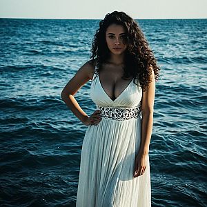 Confident Woman in White Dress by the Sea