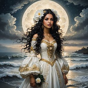 Woman in White and Gold Gown by the Ocean Under Moonlight