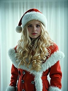 Young Woman in Red Santa Coat with Faux Fur Trim and Santa Hat