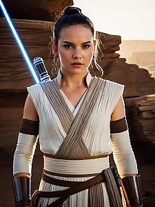Realistic Rey Star Wars Costume Cosplay Man with Blue Lightsaber in Desert