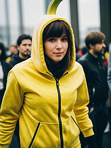 Woman in Yellow Banana Costume Hoodie Casual Cosplay Waist Up
