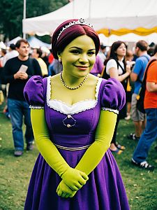 Woman in Purple Dress Shrek Costume at Festival Cosplay