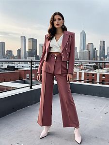 Stylish Woman in Mauve Pantsuit on Urban Rooftop with City Skyline