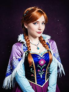 Woman in Purple and Blue Costume with Red Braided Hair