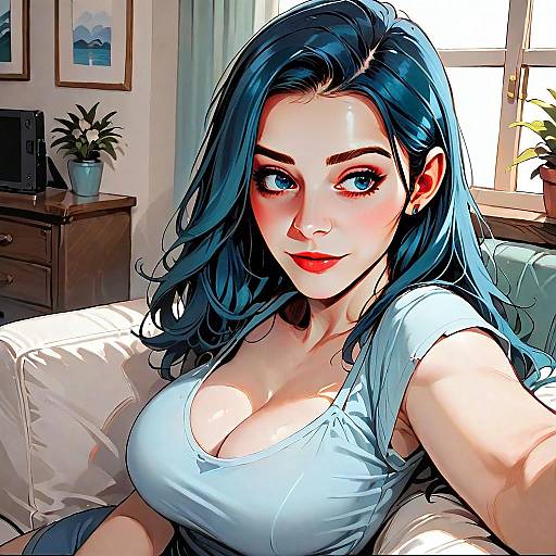 Digital Anime Style Portrait of Woman with Blue Hair Relaxing Indoors