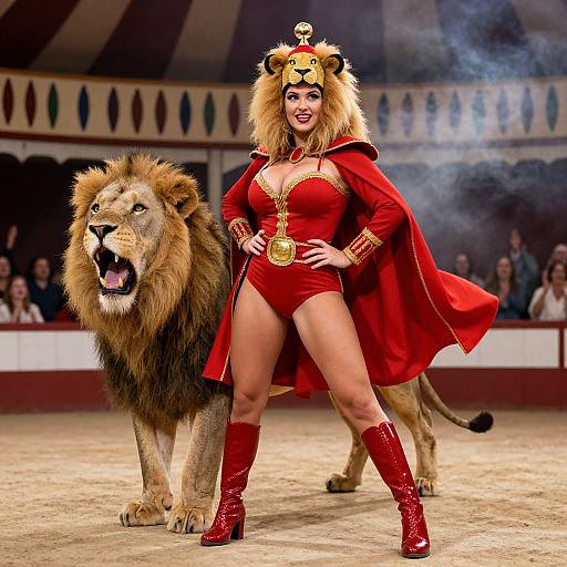 Circus Woman in Red Costume with Roaring Lion in Ring