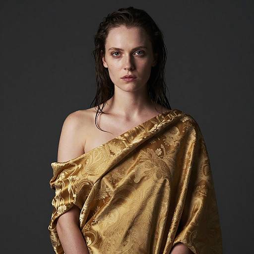 Portrait of Woman Draped in Golden Satin Fabric with Wet Hair