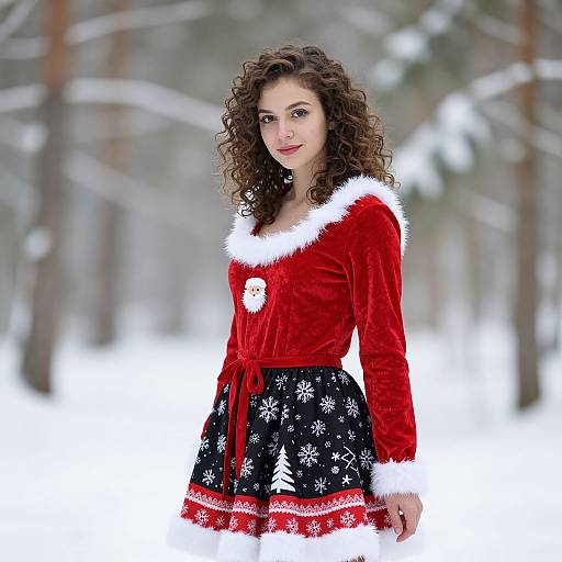 Curly Haired Woman in Festive Christmas Dress in Snowy Forest