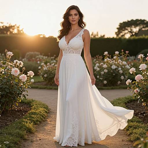 Elegant White Lace Bridal Gown in Rose Garden at Sunset