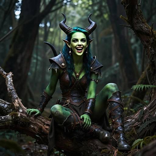 Fantasy Green-Skinned Woman with Horns in Forest Armor Costume