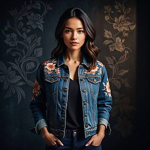 Confident Woman in Floral Denim Jacket
