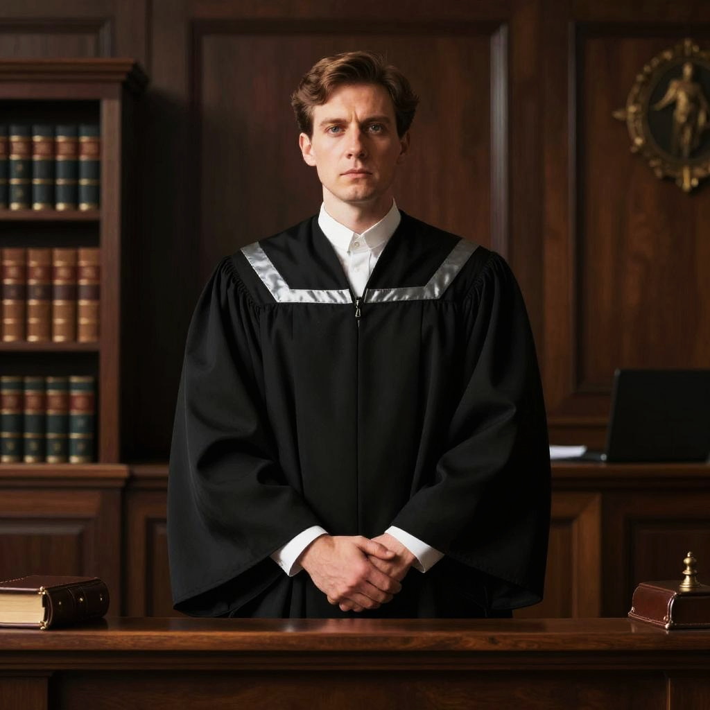 Young Male Judge in Judicial Robes in Courtroom