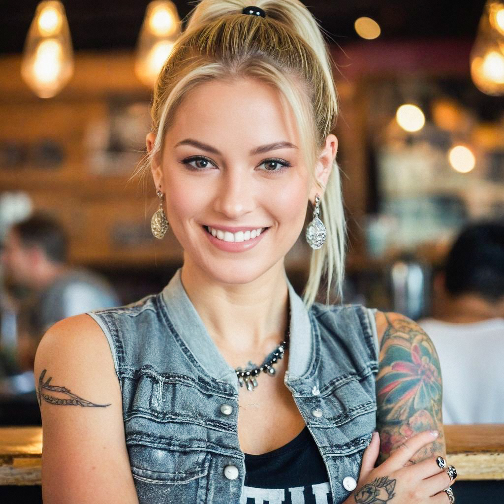 Smiling woman with tattoos in casual denim vest