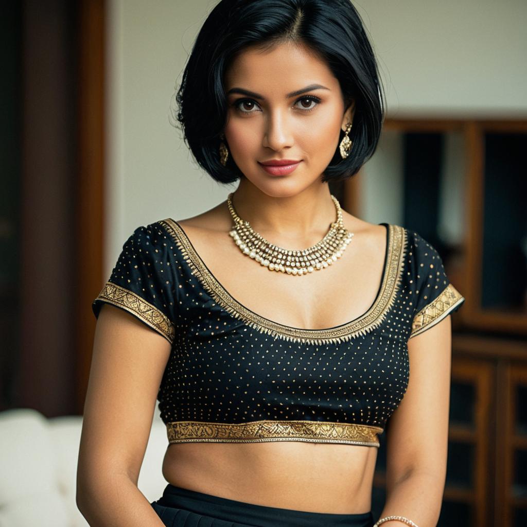 Elegant Woman in Traditional Black and Gold Embroidered Blouse