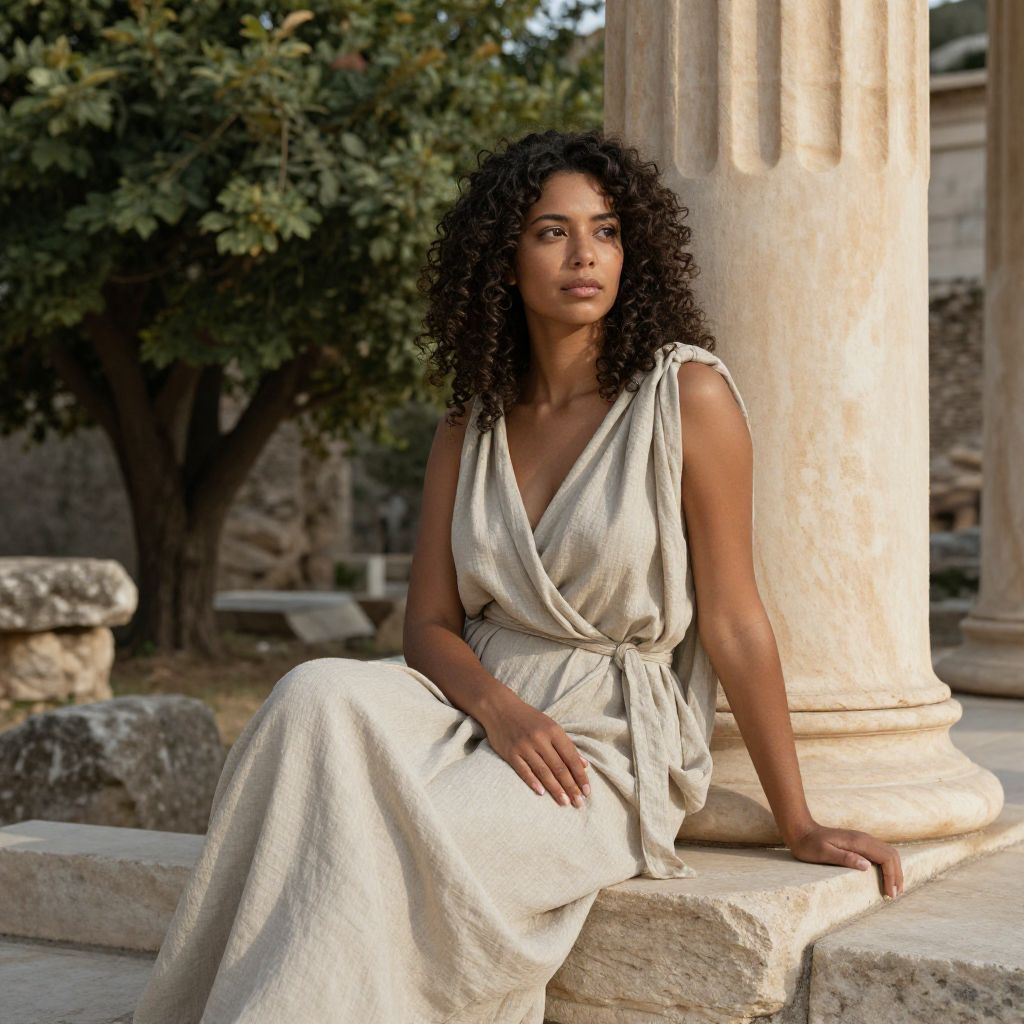 Woman in Greco-Roman Style Dress Sitting by Ancient Marble Column