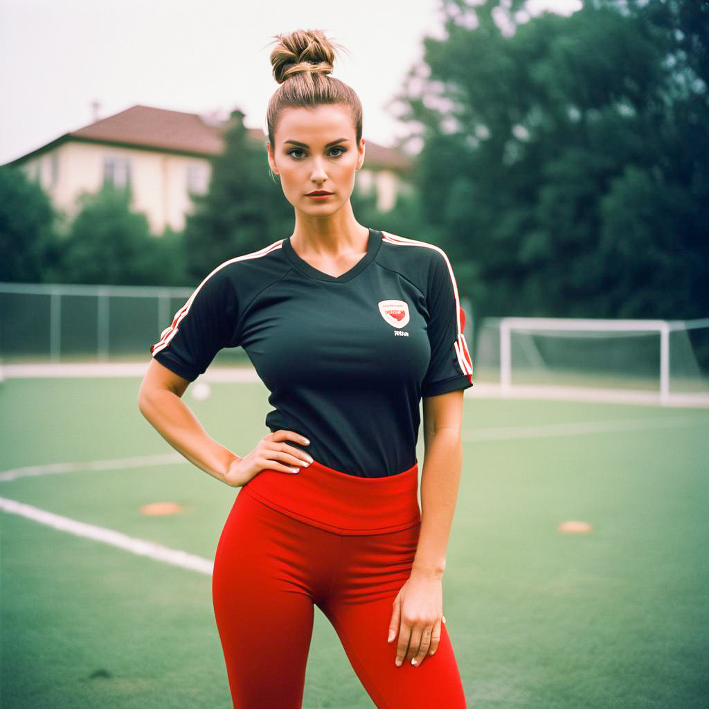 Confident Woman in Sporty Outfit on Soccer Field